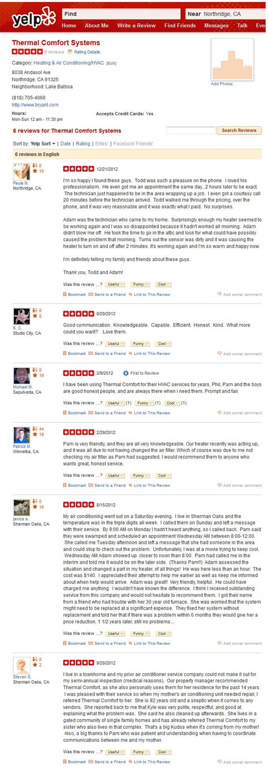 Yelp Reviews for Thermal Comfort Systems